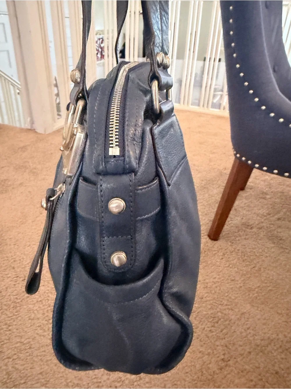 B. Makowsky Navy Leather Shoulder Slouch Bag